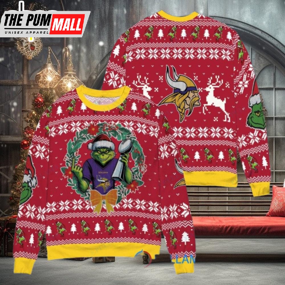 Minnesota Vikings x Grinch NFL Grinch Super Bowl Trophy Ugly Christmas Sweater