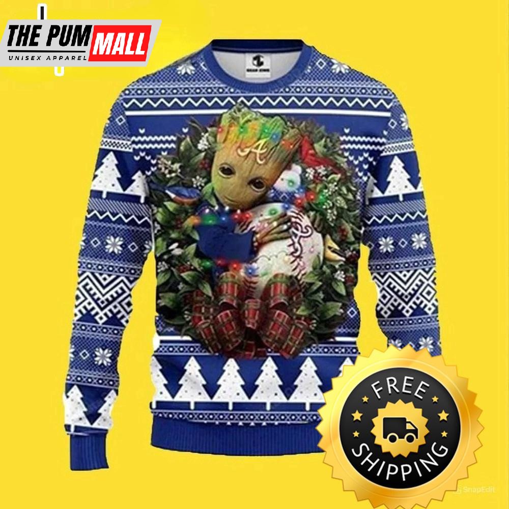Mlb Atlanta Braves Groot Hug Ugly Christmas Sweater, Atlanta Braves Ugly Sweater, MLB Christmas Sweater