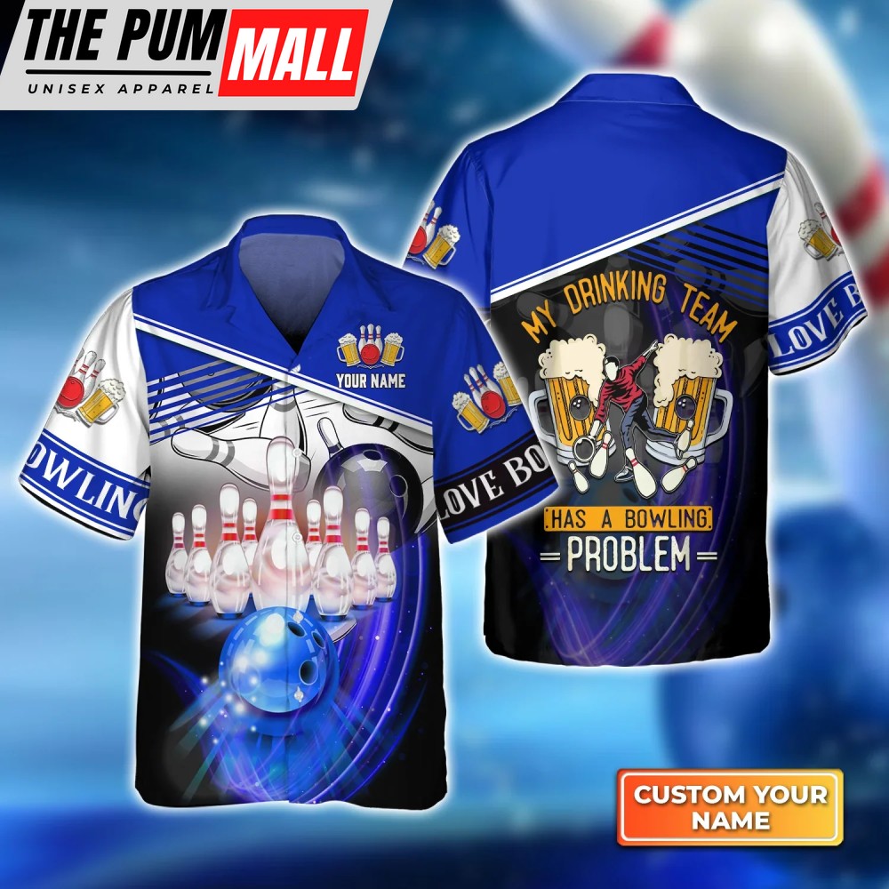My Drinking Team Blue Bowling Ball Crashing Into Pins hawaiian shirt, Bowling Hawaiian Shirt For Bowling Gift Team shirt