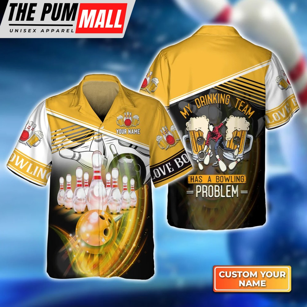 My Drinking Team Yellow Bowling Ball Crashing Into Pins Hawaiian Shirt, Bowling Hawaiian Shirt For Bowling Gift Team