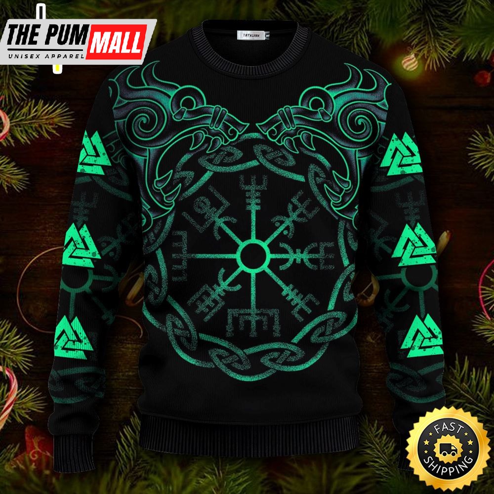 Mythical Valknut Vegvisir Symbol Viking Ugly Skull Sweater Christmas