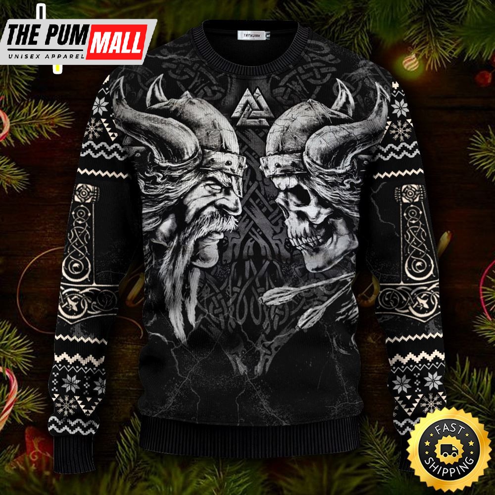 Native American w Death Face to Face Viking Ugly Christmas Skull Sweater Christmas