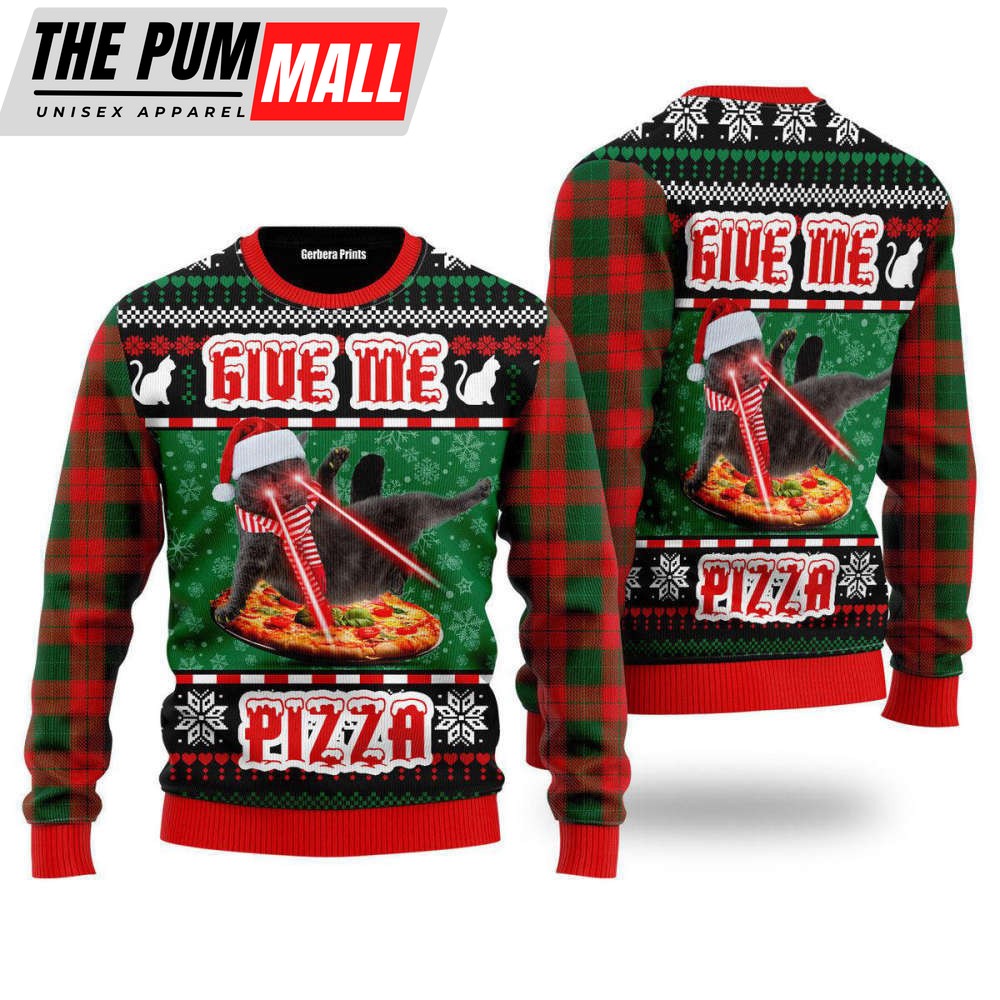 Naughty Pizza Cat With Laser Eyes Give Me Pizza Ugly Christmas Sweater For Men & Wome