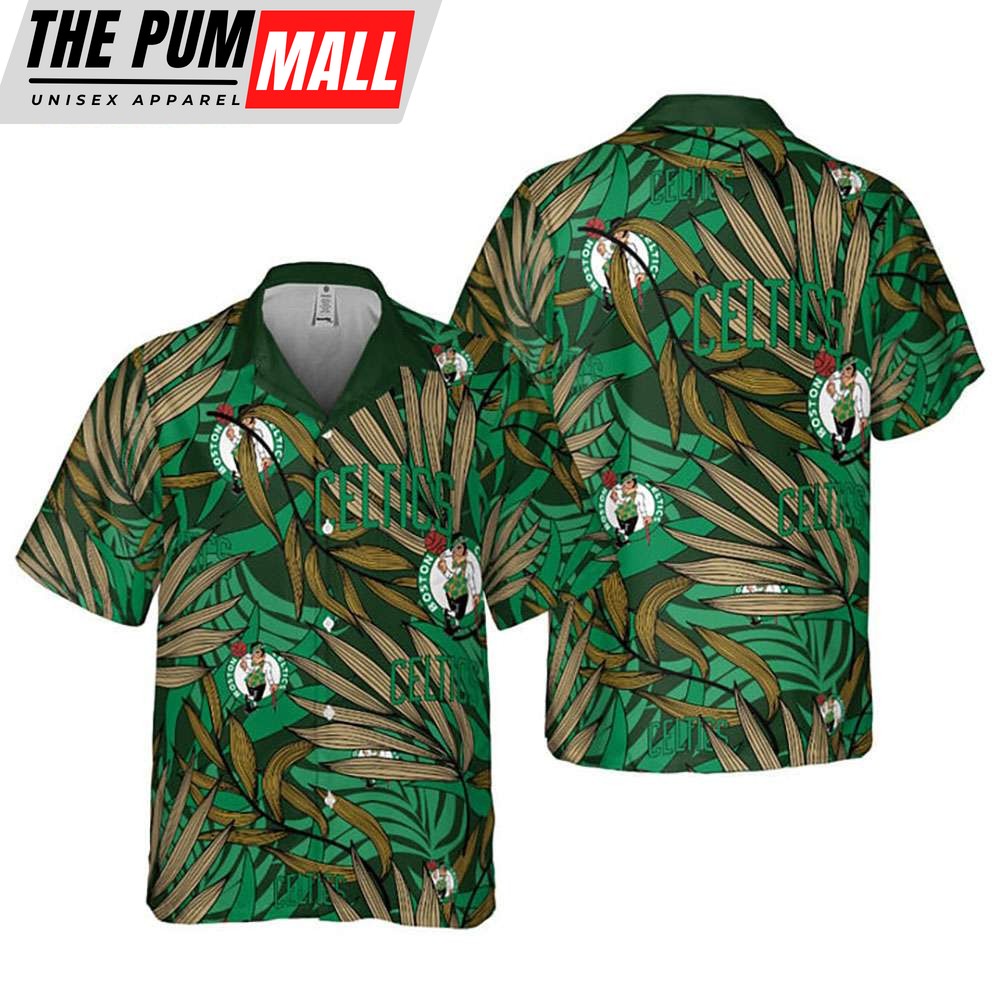 NBA Boston Celtics Tropical Leaves Button Up Hawaiian Shirt