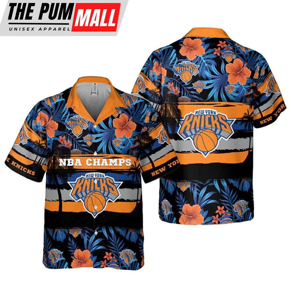 NBA Champs New York Knicks Hibiscus Palm Trees Hawaiian Shirt