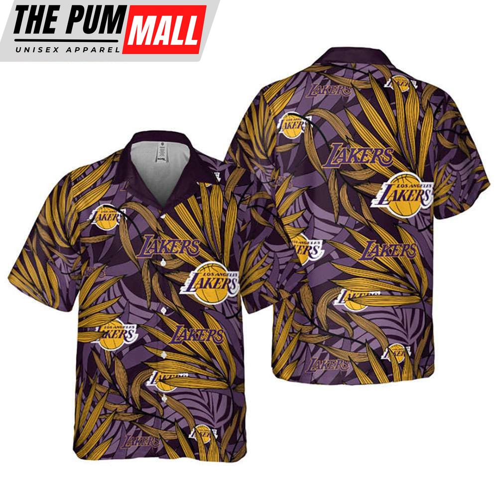 NBA Los Angeles Lakers Tropical Palm Leaves Button Up Hawaiian Shirt
