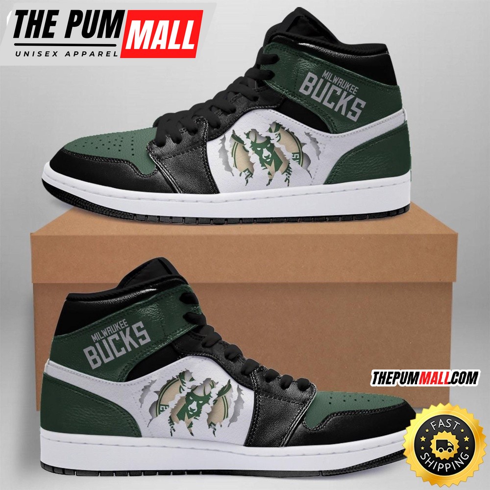 NBA Milwaukee Bucks Green Black Scratch Air Jd 1 High Sneakers Timeless Jordan 1 Kicks
