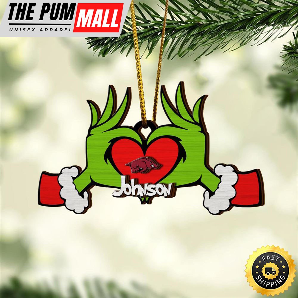 NCAA Arkansas Razorbacks And Grinch Christmas Ornament Custom Your Name Limited Edition