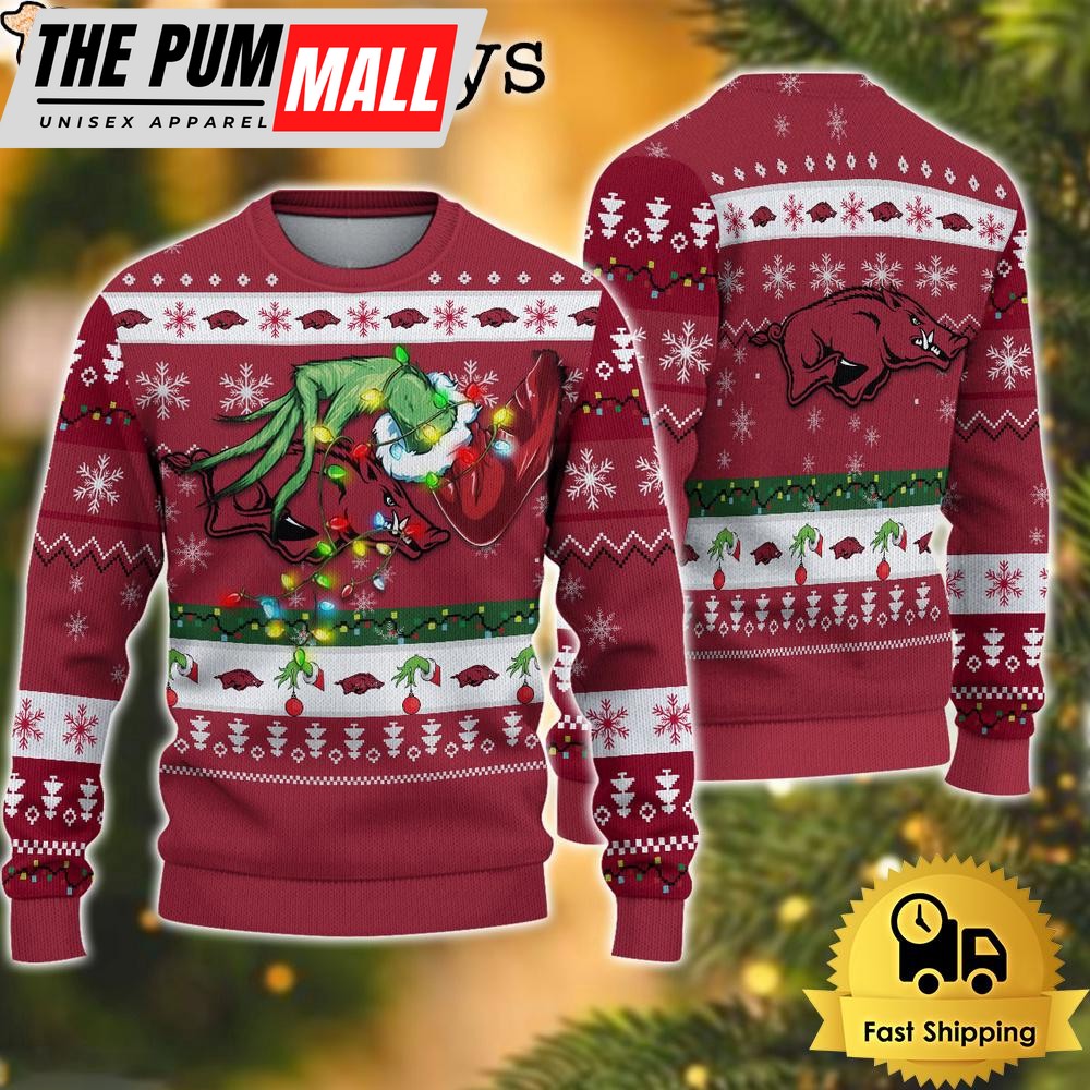 NCAA Arkansas Razorbacks Merry Christmas Grinch Hand Ugly Christmas Sweater
