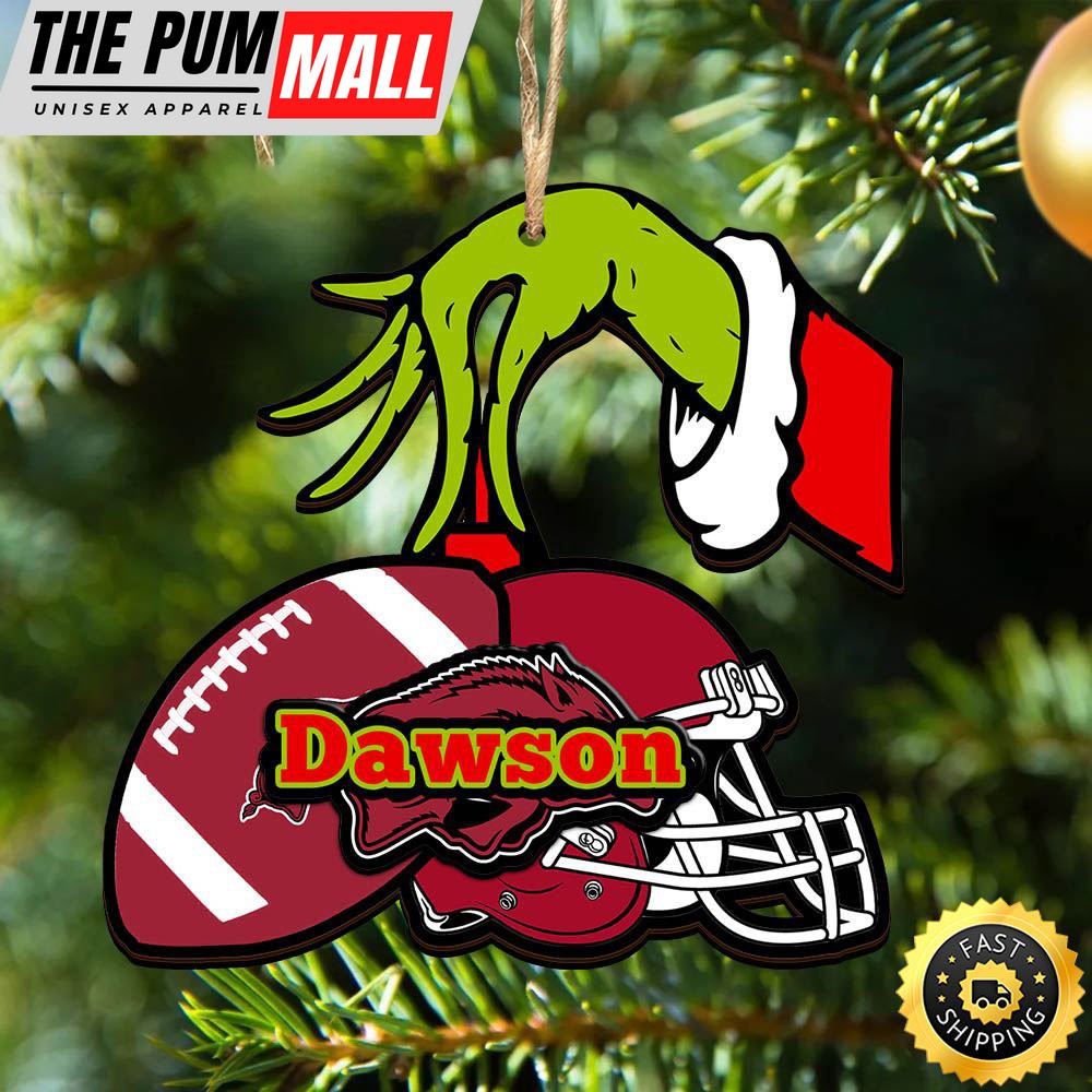 NCAA Arkansas Razorbacks Personalized Your Name Grinch And Football Ornament Limited Edition