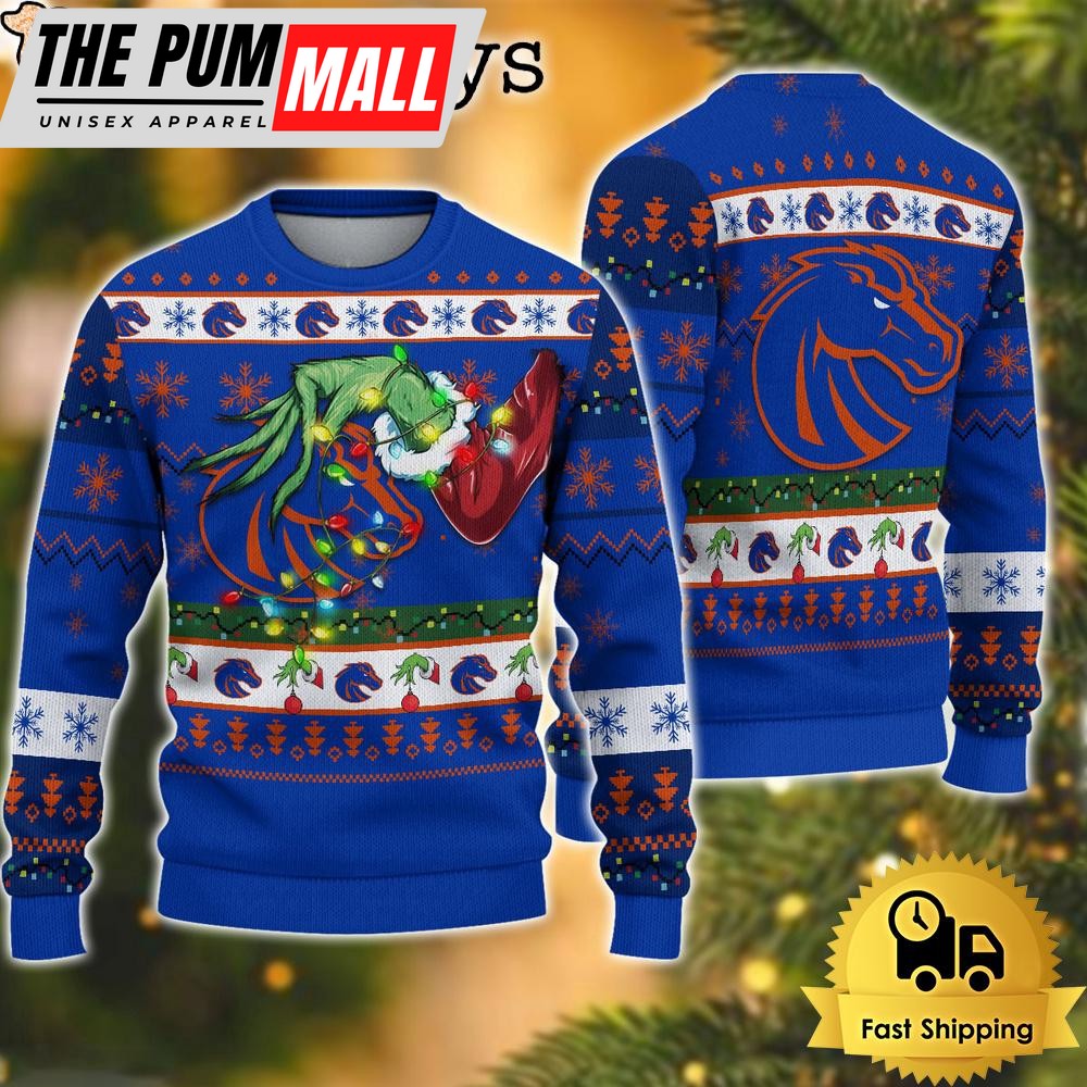 NCAA Boise State Broncos Merry Christmas Grinch Hand Ugly Christmas Sweater