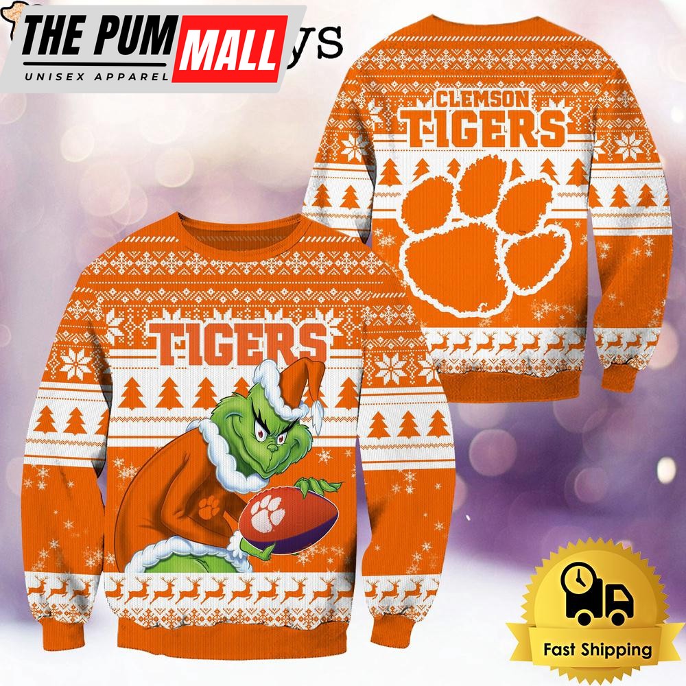 NCAA Clemson Tigers Grinch Custom Name Ugly Christmas Sweater