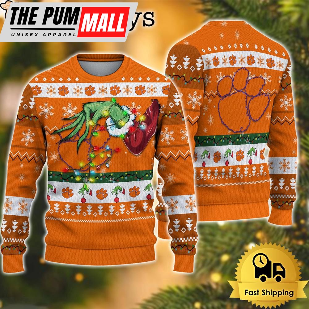 NCAA Clemson Tigers Merry Christmas Grinch Hand Ugly Christmas Sweater