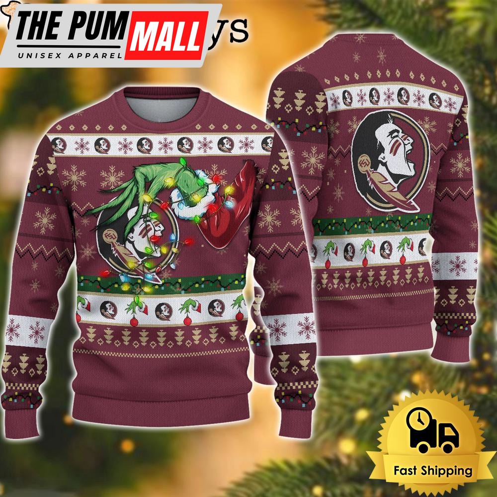 NCAA Florida State Seminoles Merry Christmas Grinch Hand Ugly Christmas Sweater