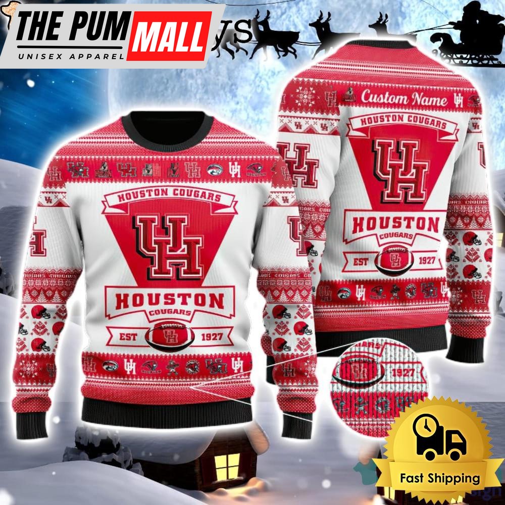 NCAA Houston Cougars Logo Custom Name For Football Fans Ugly Christmas Sweater