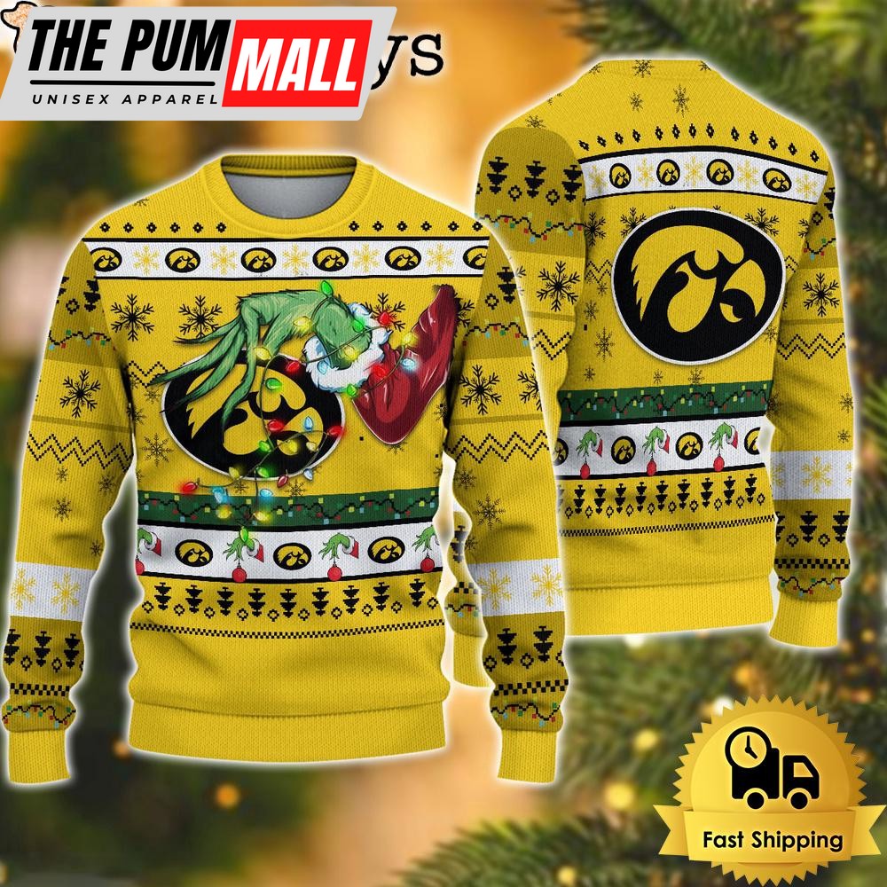 NCAA Iowa Hawkeyes Merry Christmas Grinch Hand Ugly Christmas Sweater