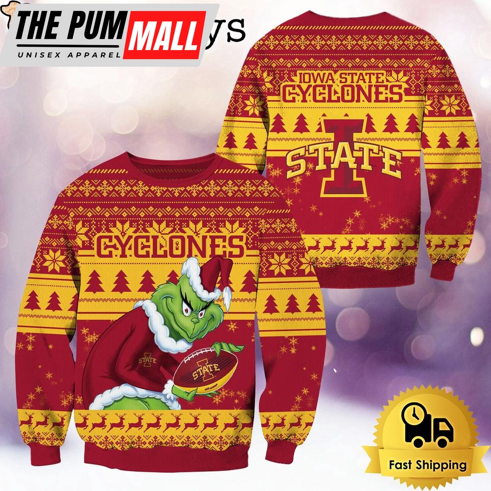 NCAA Iowa State Cyclones Grinch Custom Name Ugly Christmas Sweater