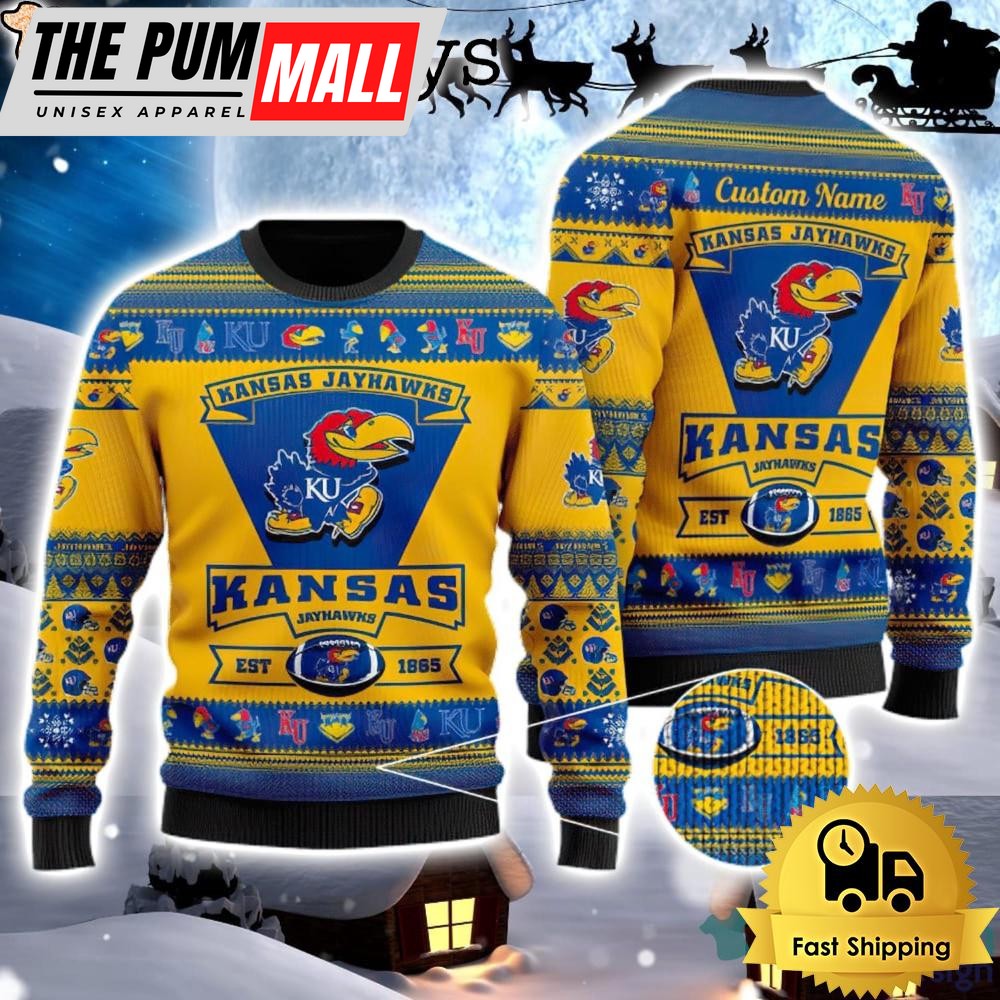 NCAA Kansas Jayhawks Logo Custom Name For Football Fans Ugly Christmas Sweater