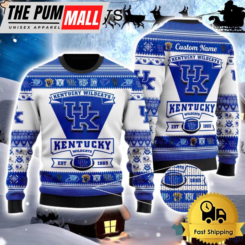 NCAA Kentucky Wildcats Logo Custom Name For Football Fans Ugly Christmas Sweater