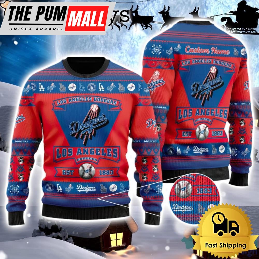 NCAA Los Angeles Dodgers Logo Custom Name For Football Fans Ugly Christmas Sweater