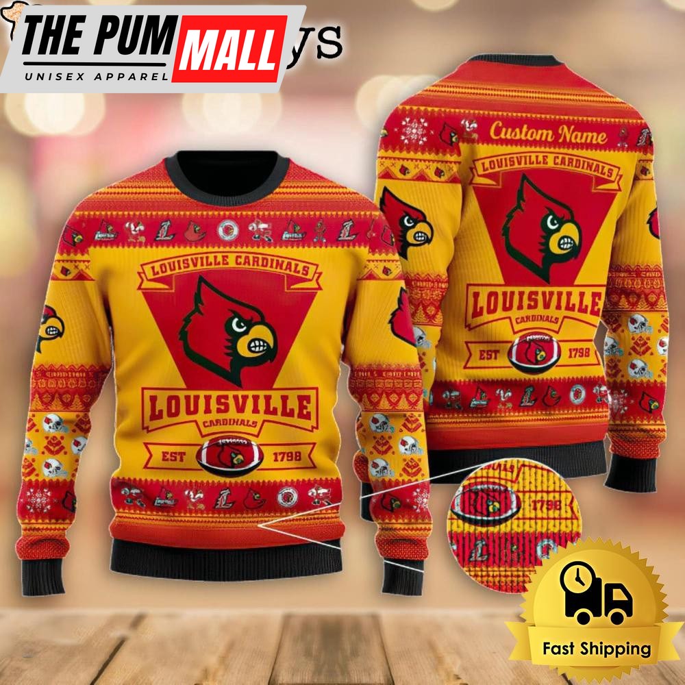 NCAA Louisville Cardinals Football Team Logo Custom Ugly Christmas Sweater