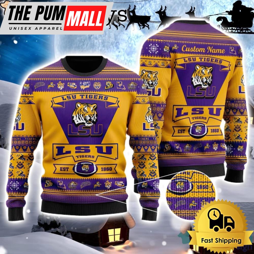 NCAA LSU Tigers Logo Custom Name For Football Fans Ugly Christmas Sweater