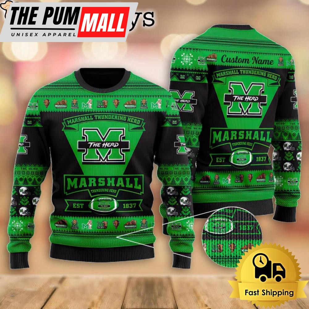 NCAA Marshall Thundering Herd Football Team Logo Custom Ugly Christmas Sweater