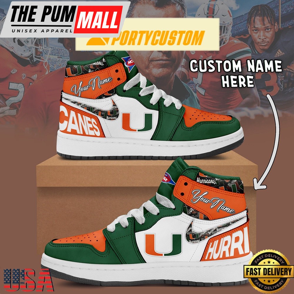 NCAA Miami Hurricanes Custom Name Air Jd 1 Shoes Running Sneakers For Men Women