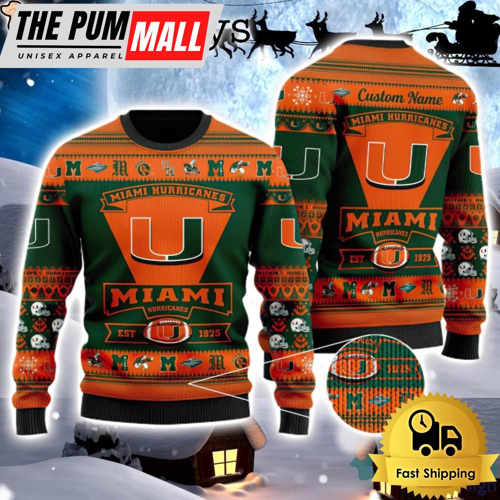 NCAA Miami Hurricanes Logo Custom Name For Football Fans Ugly Christmas Sweater