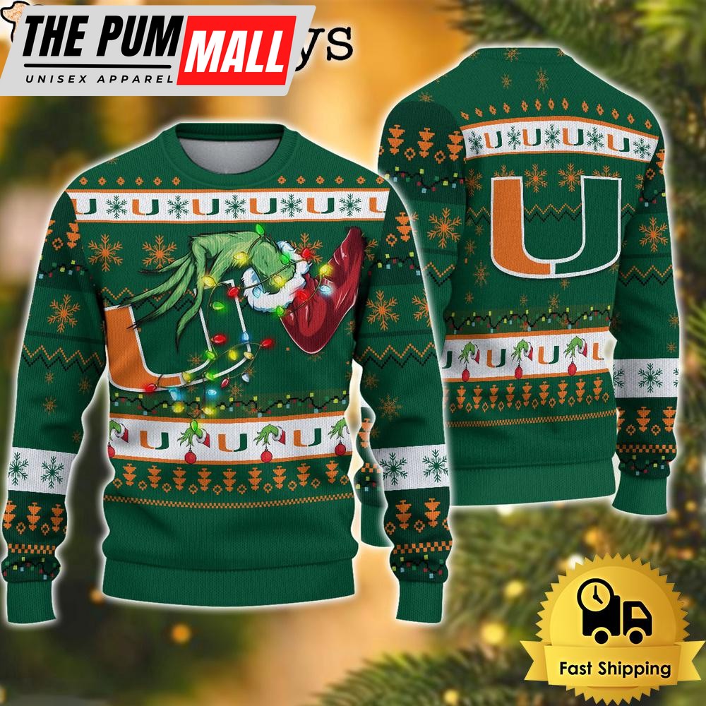 NCAA Miami Hurricanes Merry Christmas Grinch Hand Ugly Christmas Sweater