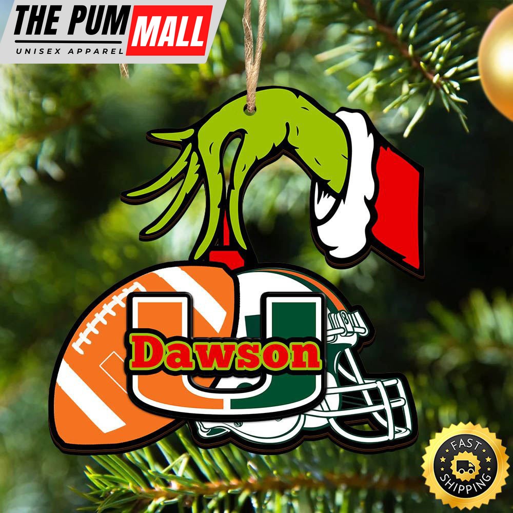 NCAA Miami Hurricanes Personalized Your Name Grinch And Football Ornament Limited Edition