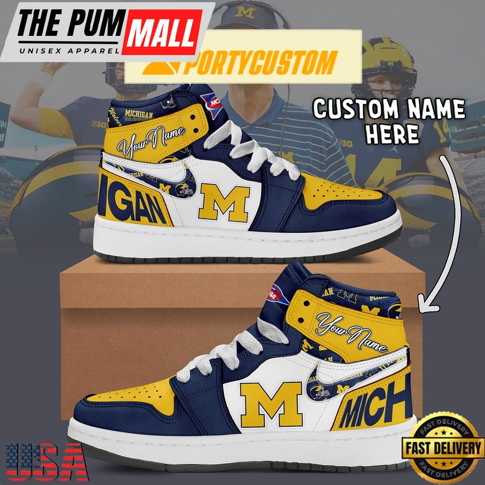 NCAA Michigan Wolverines Custom Name Air Jd 1 Shoes Running Sneakers For Men Women