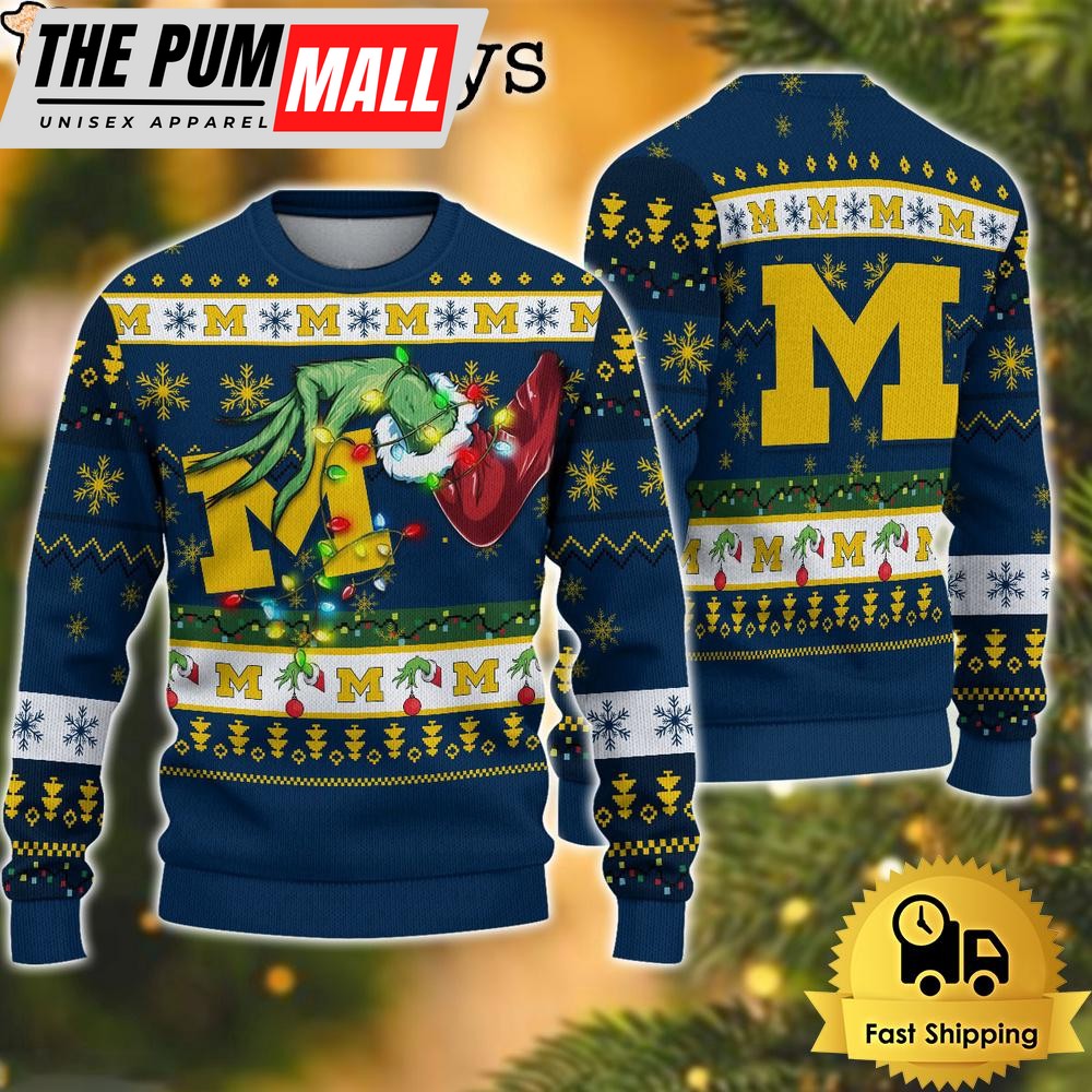 NCAA Michigan Wolverines Merry Christmas Grinch Hand Ugly Christmas Sweater