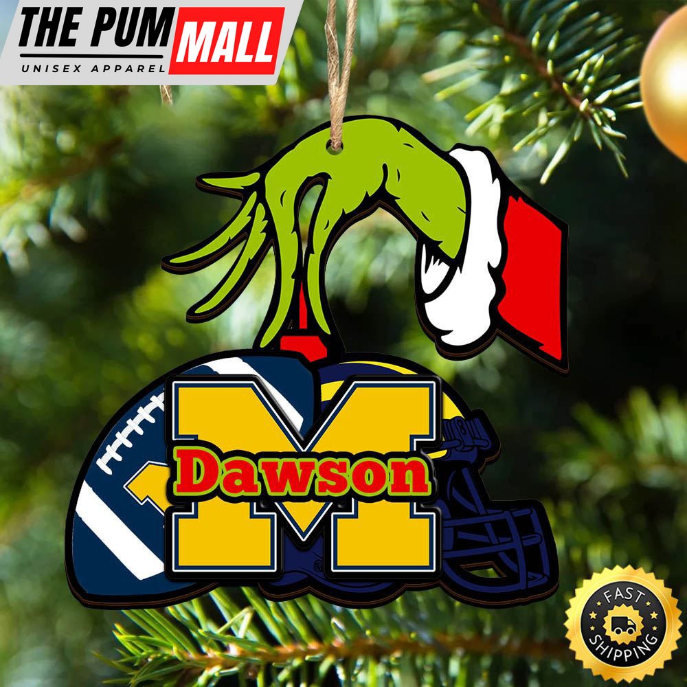 NCAA Michigan Wolverines Personalized Your Name Grinch And Football Ornament Limited Edition