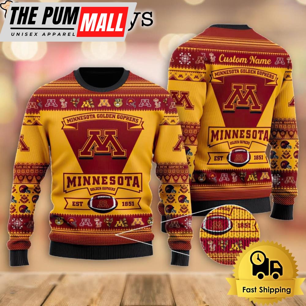 NCAA Minnesota Golden Gophers Football Team Logo Custom Name Ugly Christmas Sweater