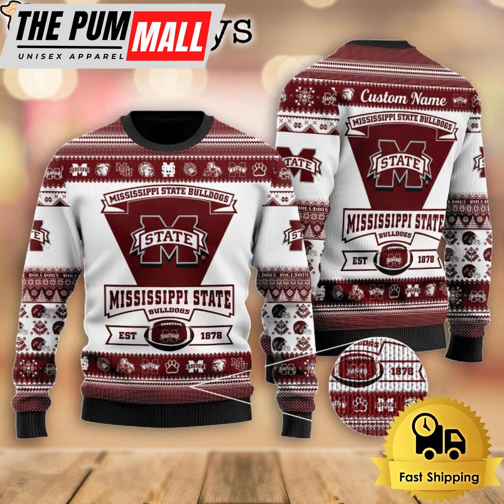 NCAA Mississippi State Bulldogs Football Team Logo Custom Name Ugly Christmas Sweater