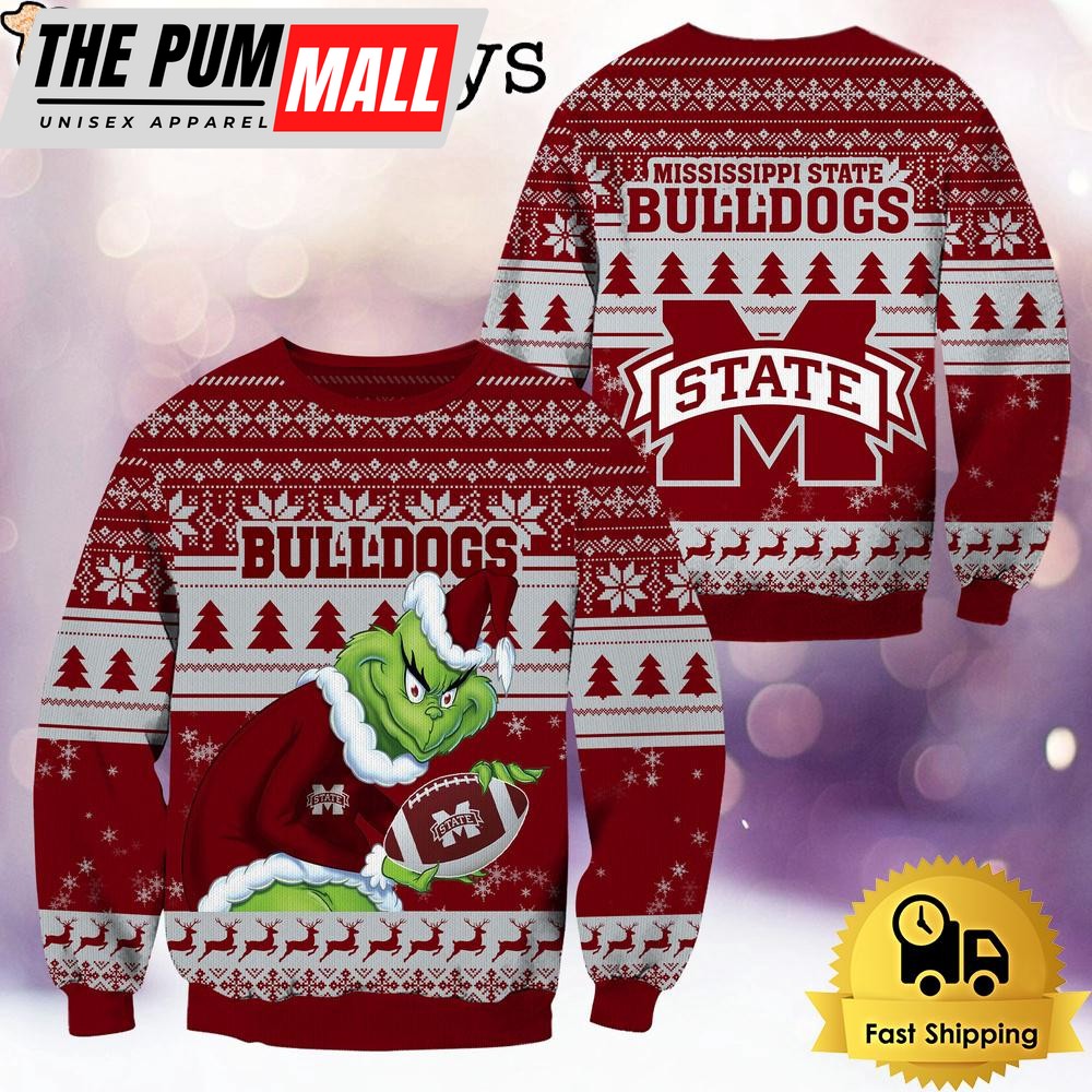 NCAA Mississippi State Bulldogs Grinch Custom Name Ugly Christmas Sweater