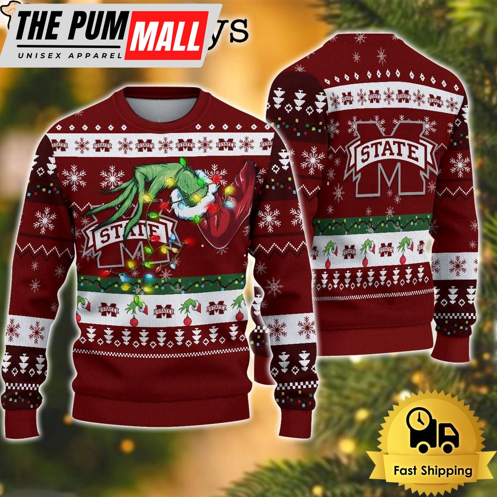 NCAA Mississippi State Bulldogs Merry Christmas Grinch Hand Ugly Christmas Sweater