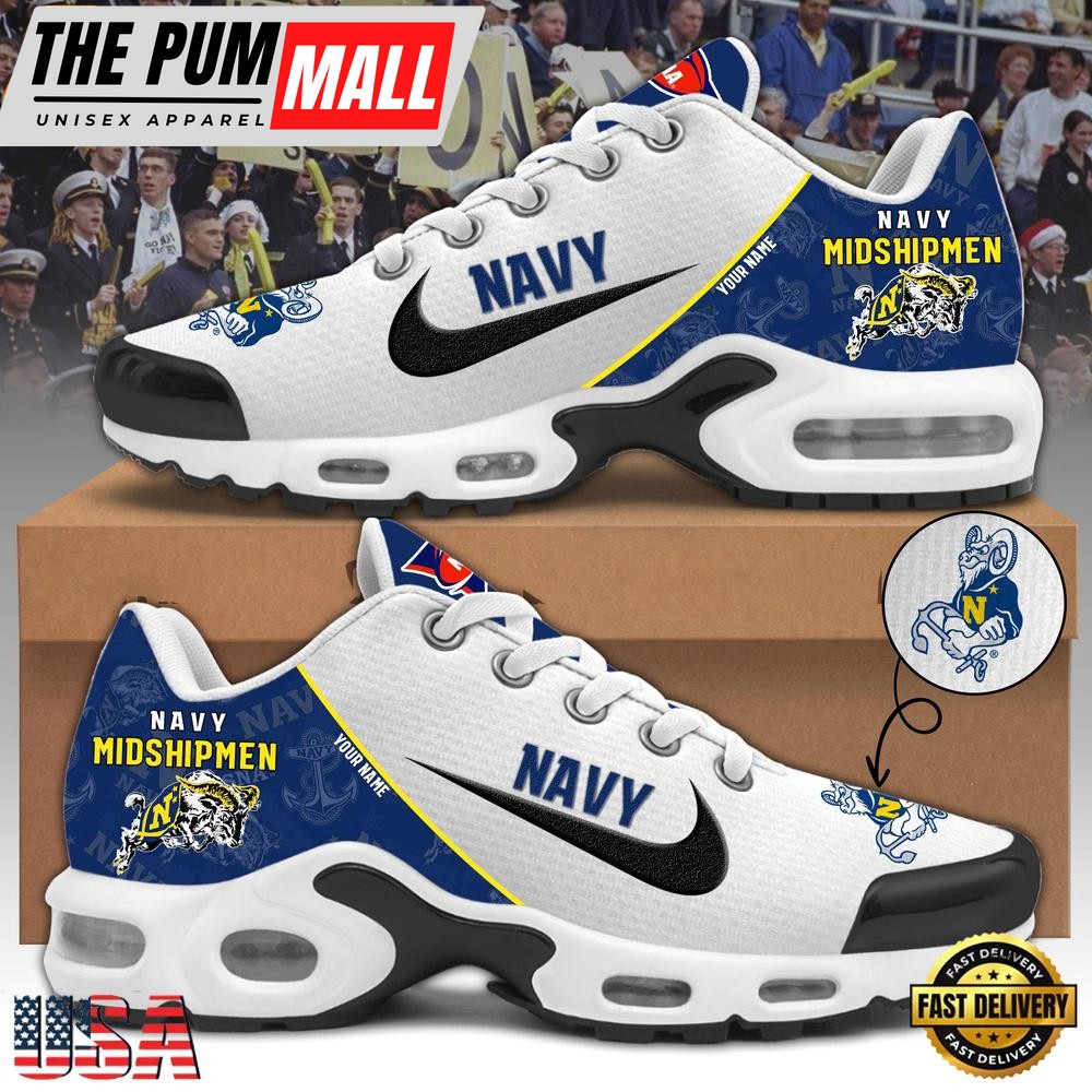 NCAA Navy Midshipmen Football Mascot Symbol Custom Name New Design Air Max Plus Shoes
