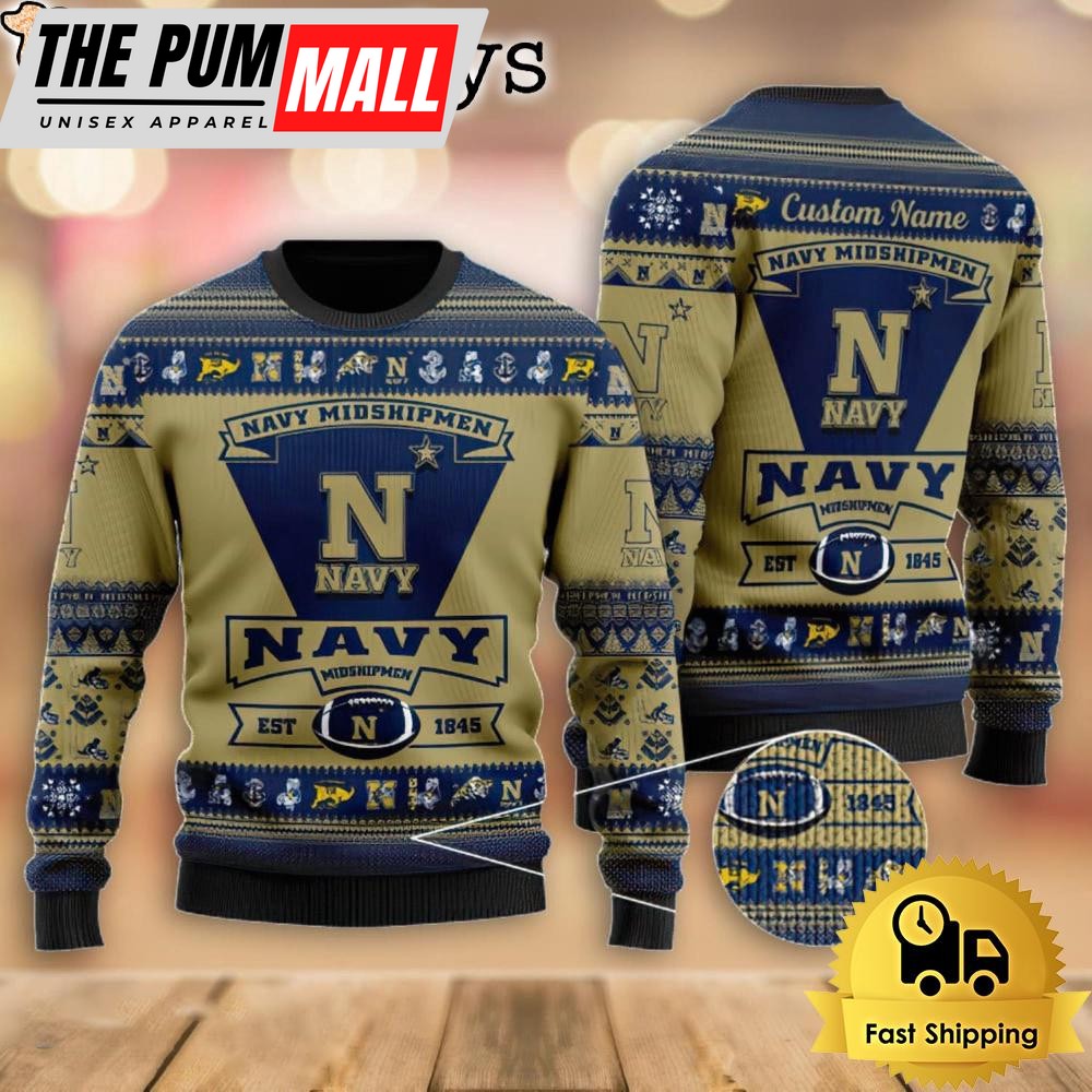 NCAA Navy Midshipmen Football Team Logo Custom Name Ugly Christmas Sweater