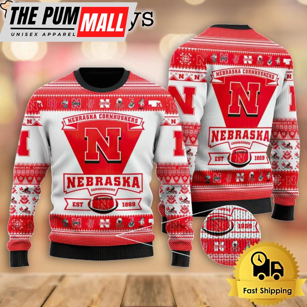 NCAA Nebraska Cornhuskers Football Team Logo Custom Ugly Christmas Sweater