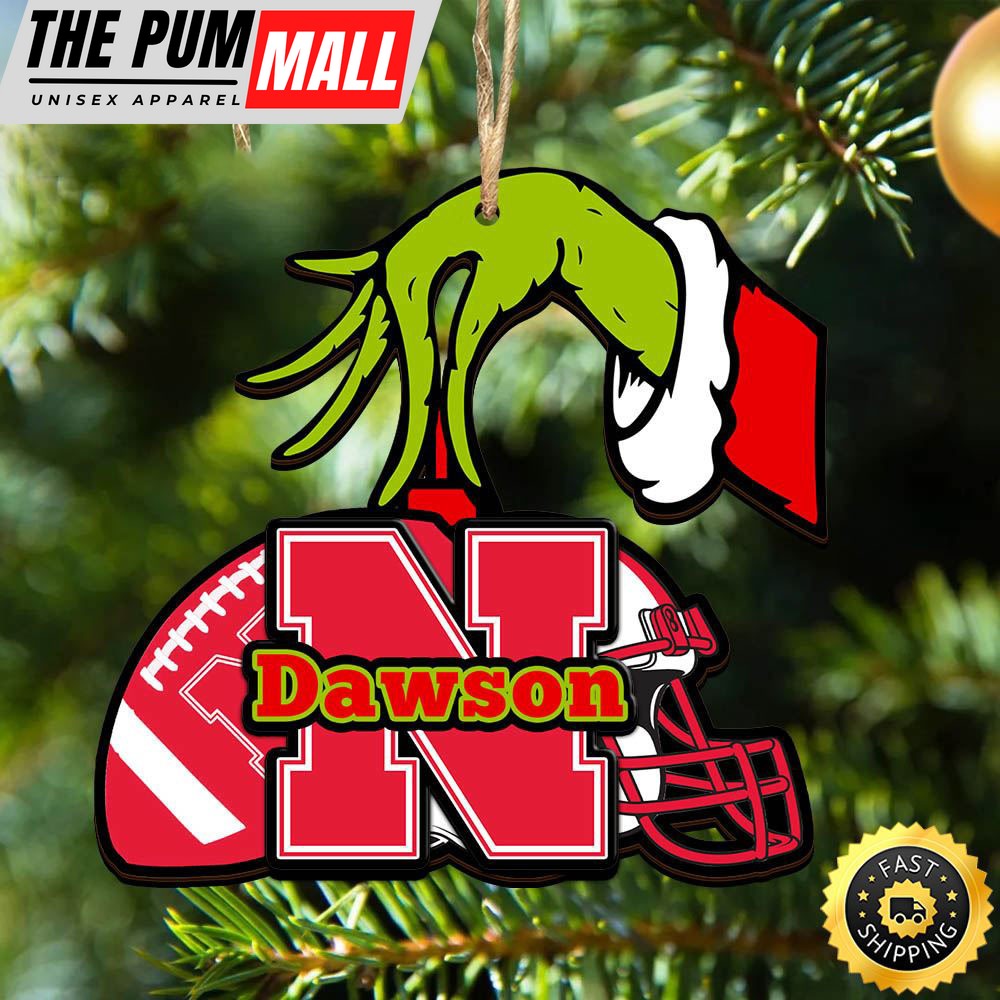 NCAA Nebraska Cornhuskers Personalized Your Name Grinch And Football Ornament Limited Edition