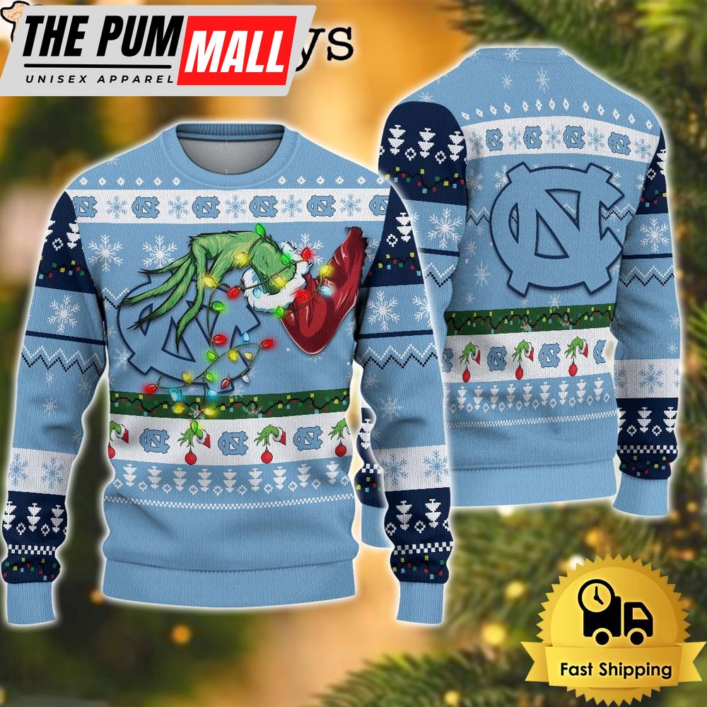 NCAA North Carolina Tar Heels Merry Christmas Grinch Hand Ugly Christmas Sweater