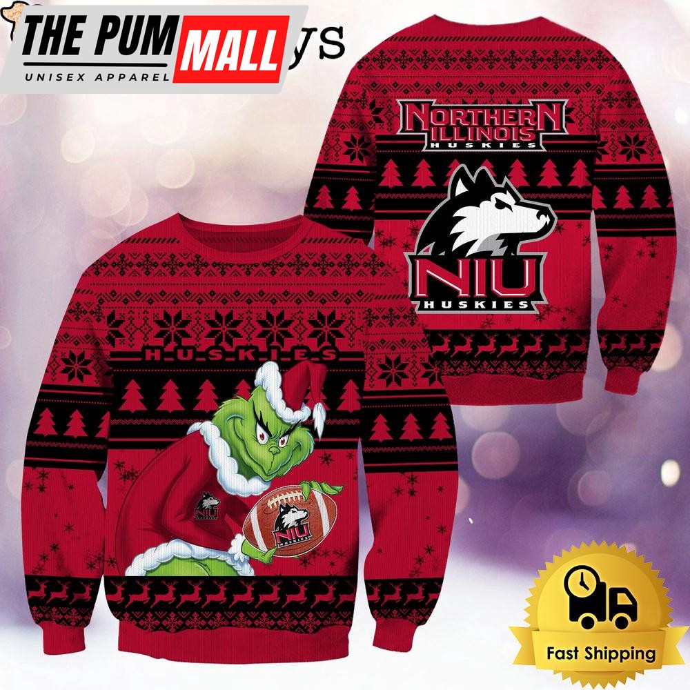 NCAA Northern Illinois Huskies Grinch Custom Name Ugly Christmas Sweater