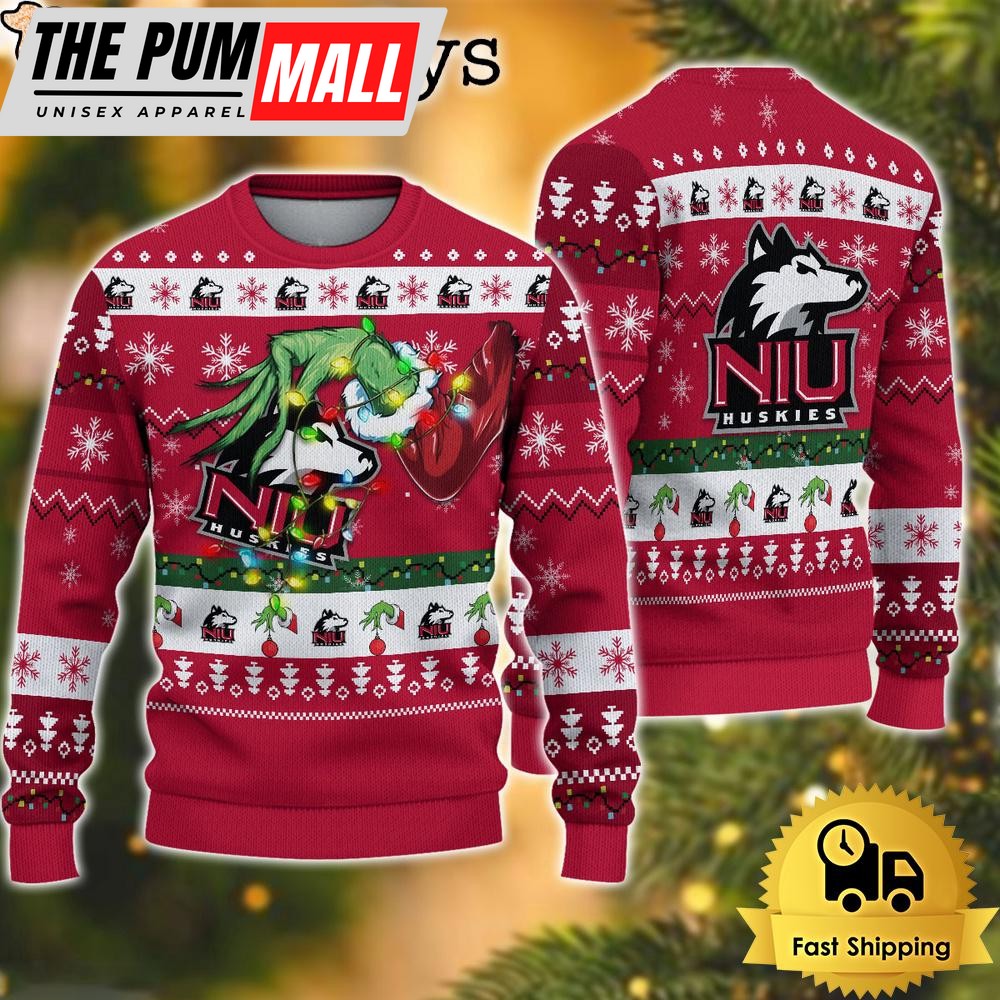 NCAA Northern Illinois Huskies Merry Christmas Grinch Hand Ugly Christmas Sweater
