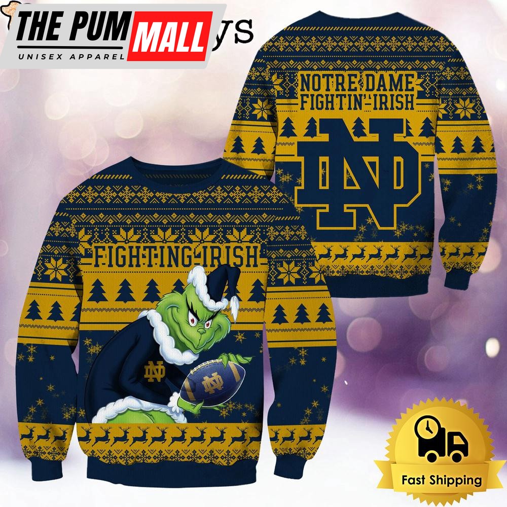 NCAA Notre Dame Fighting Irish Grinch Custom Name Ugly Christmas Sweater
