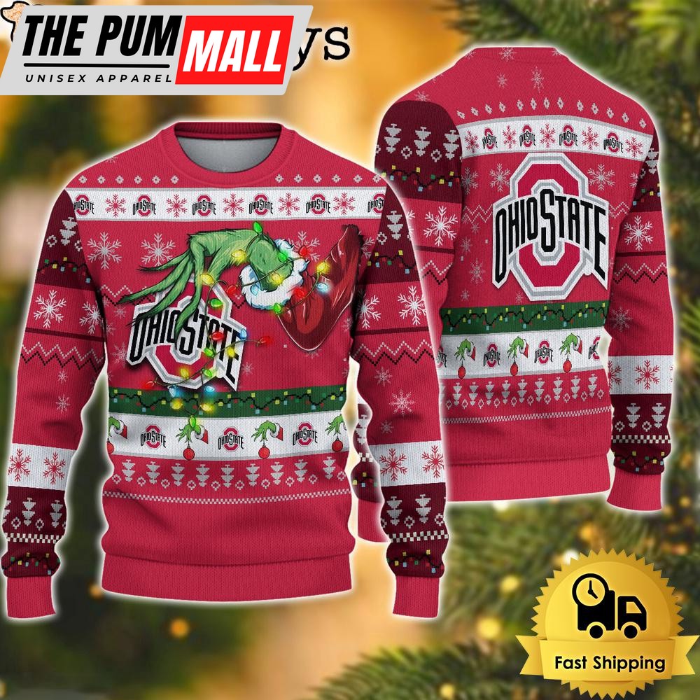NCAA Ohio State Buckeyes Merry Christmas Grinch Hand Ugly Christmas Sweater