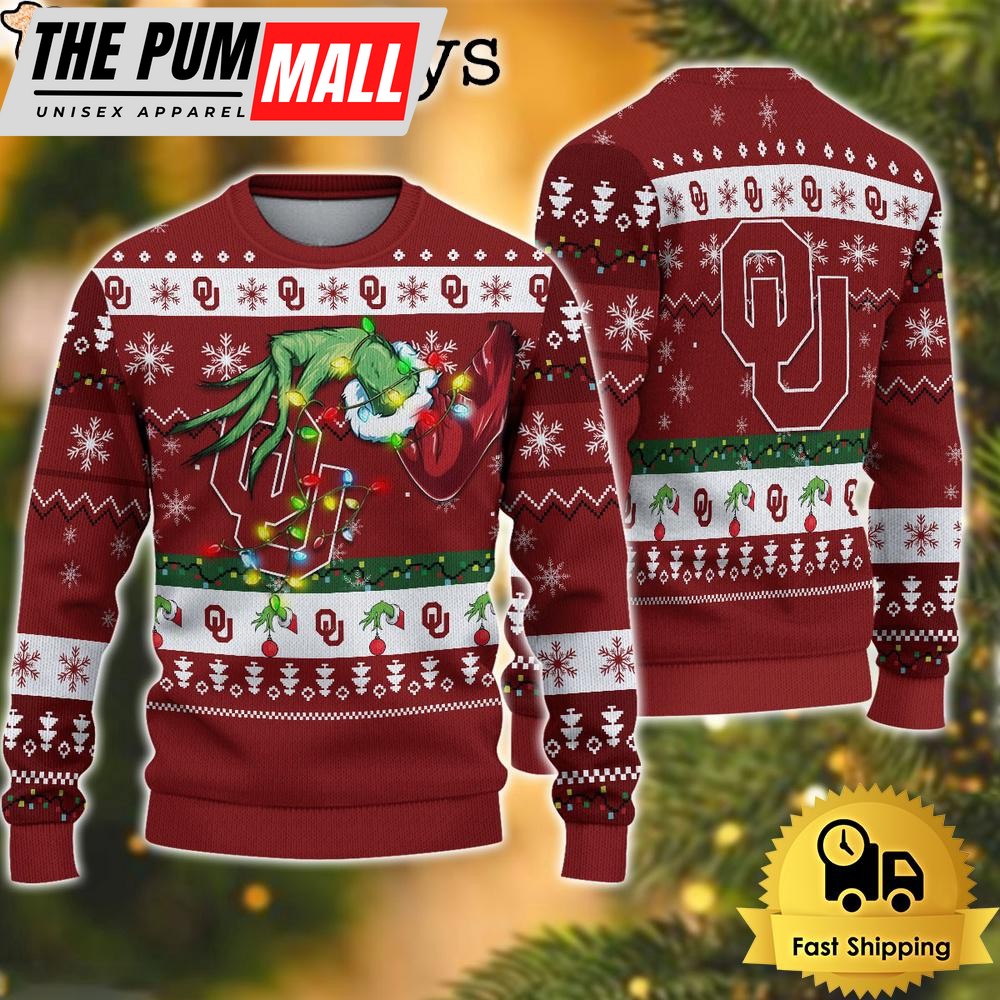 NCAA Oklahoma Sooners Merry Christmas Grinch Hand Ugly Christmas Sweater