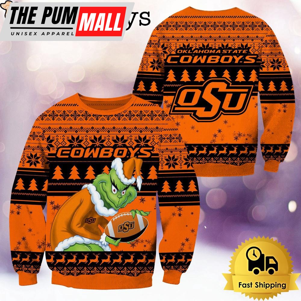 NCAA Oklahoma State Cowboys Grinch Custom Name Ugly Christmas Sweater