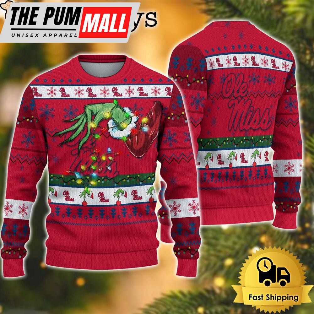 NCAA Ole Miss Rebels Merry Christmas Grinch Hand Ugly Christmas Sweater